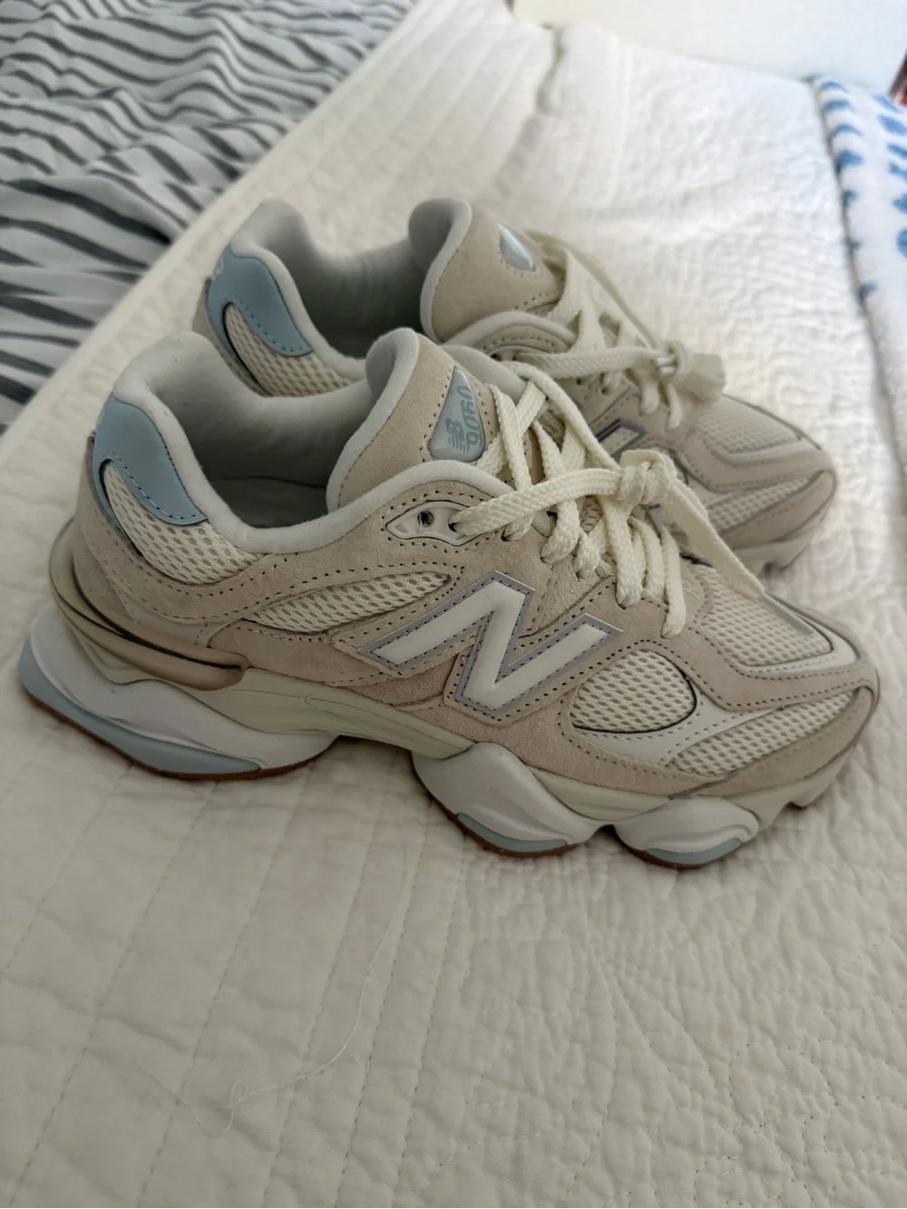 New Balance 9060 Beige Sneakers with Light Blue Accents